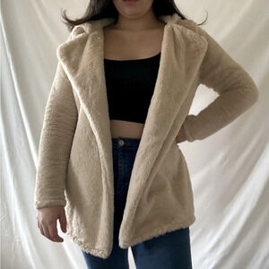 Brandy Melville Teddy Plush  Beige Open Front Jacket Hooded One Size so soft